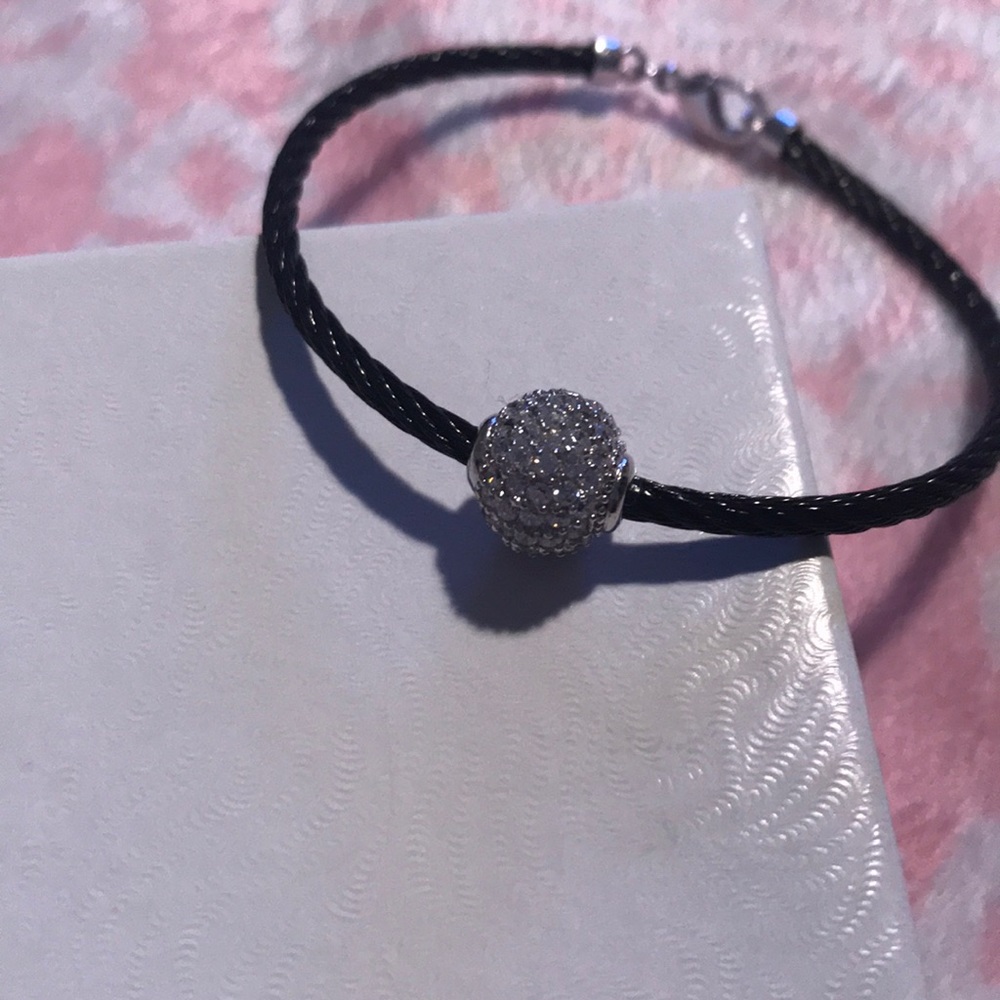 Black Cable Bracelet with Crystal Pendant